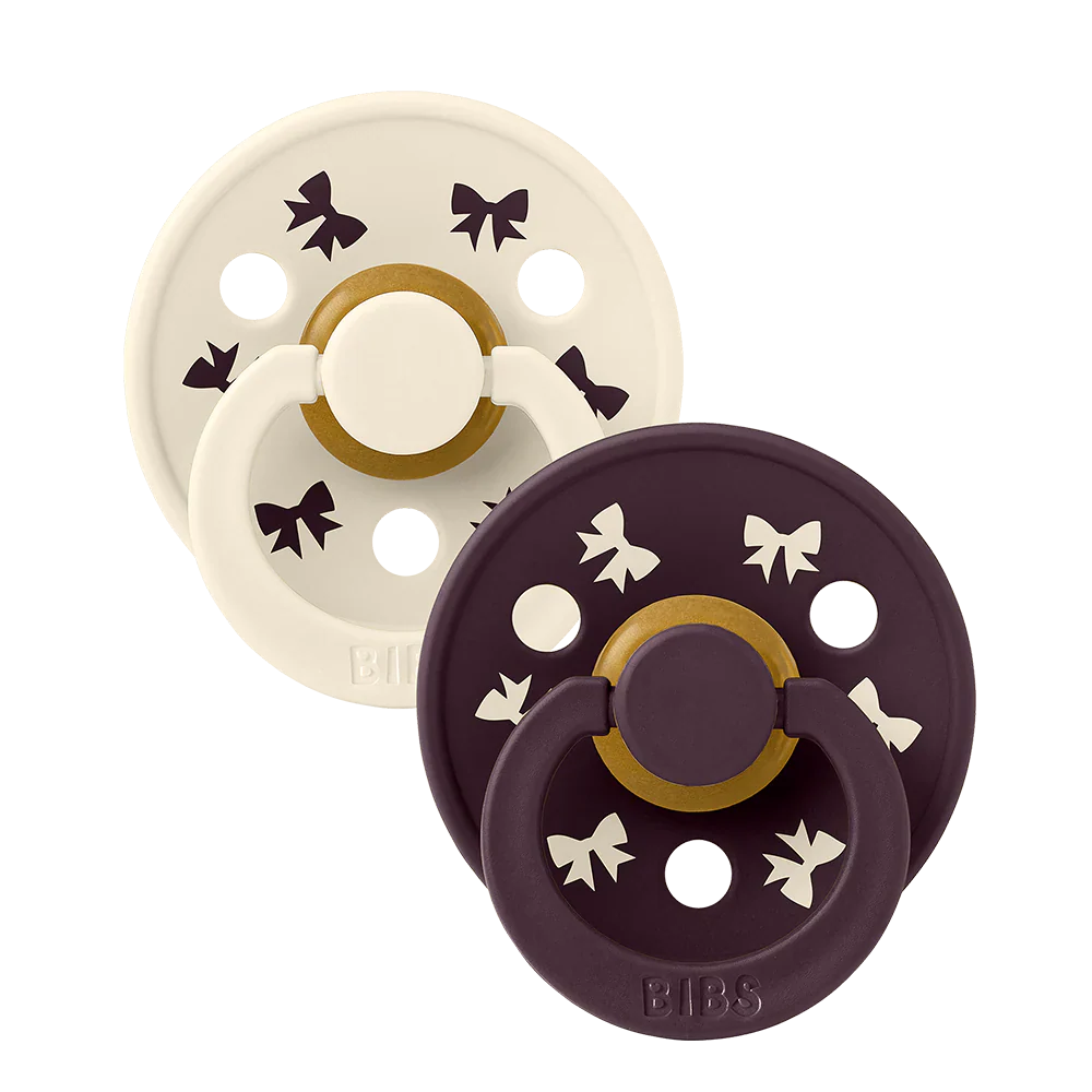Bibs Pacifier Size 2 Latex Round Studio 2 Pack | Holiday Bow Ivory/Plum