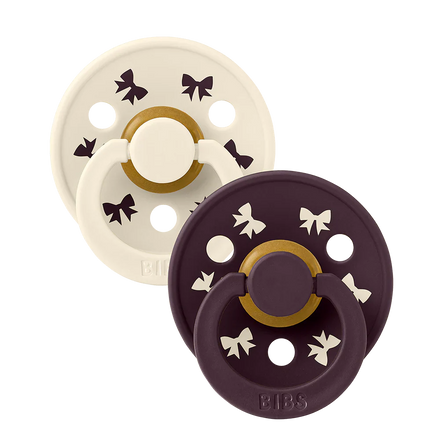 Bibs Pacifier Size 2 Latex Round Studio 2 Pack | Holiday Bow Ivory/Plum