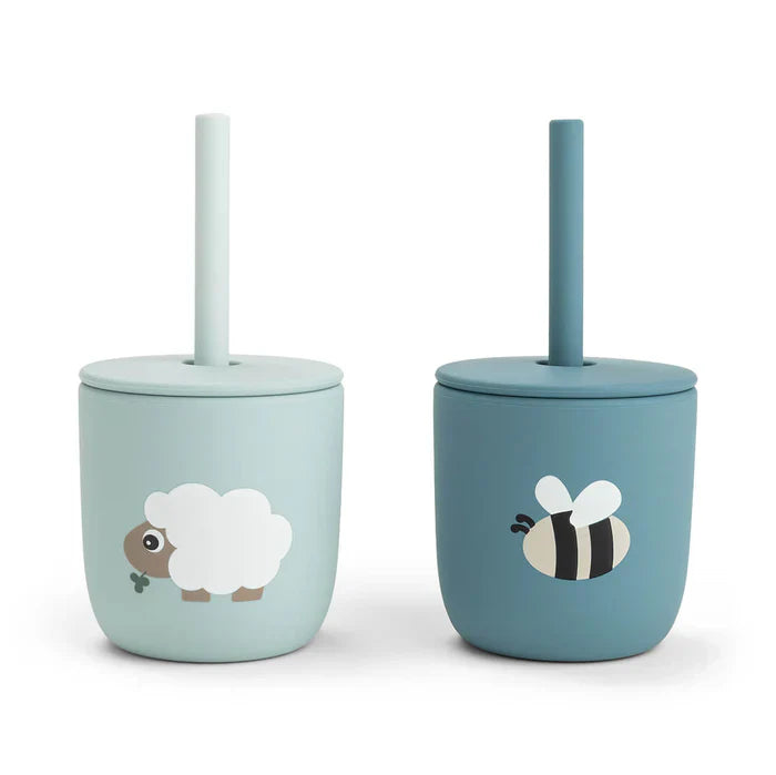 Done By Deer Silicone Straw Cup 2pcs | Tiny Farm Blue