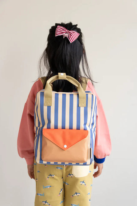 Sticky Lemon Backpack Medium | Envelope Stripes Blue Whale + Sandy Yellow