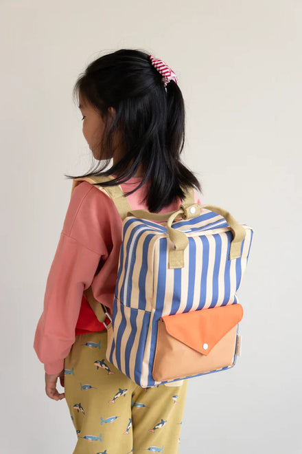 Sticky Lemon Backpack Medium | Envelope Stripes Blue Whale + Sandy Yellow