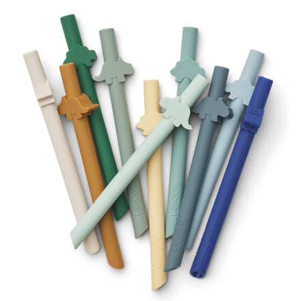 * Liewood Badu Silicone Straws 10-Pack | Dino /Surf Blue Multi Mix
