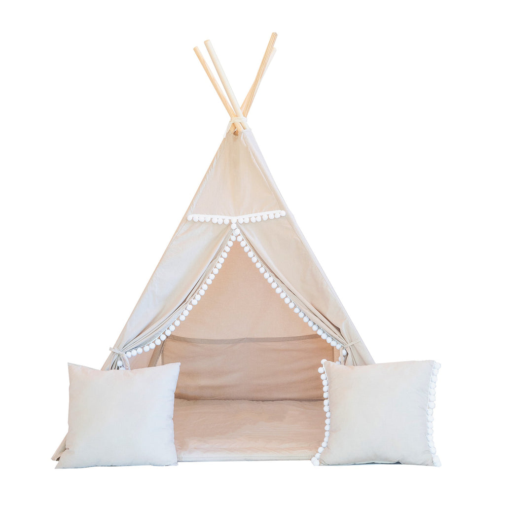 Moje Tipi Tent With Pompoms | Latte