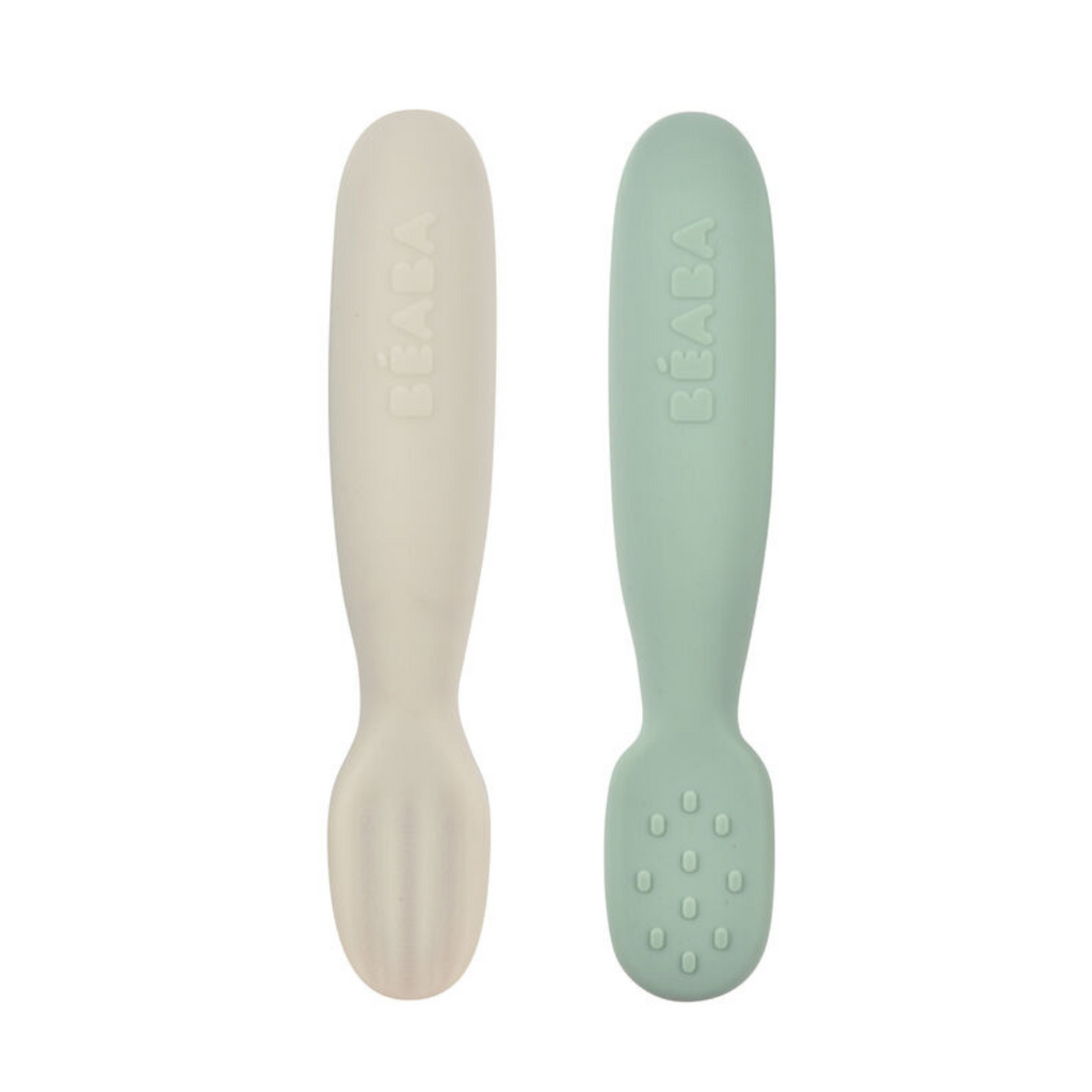 Béaba Set 2 Pre-Spoons Silicone | Sage Green /Velvet Grey