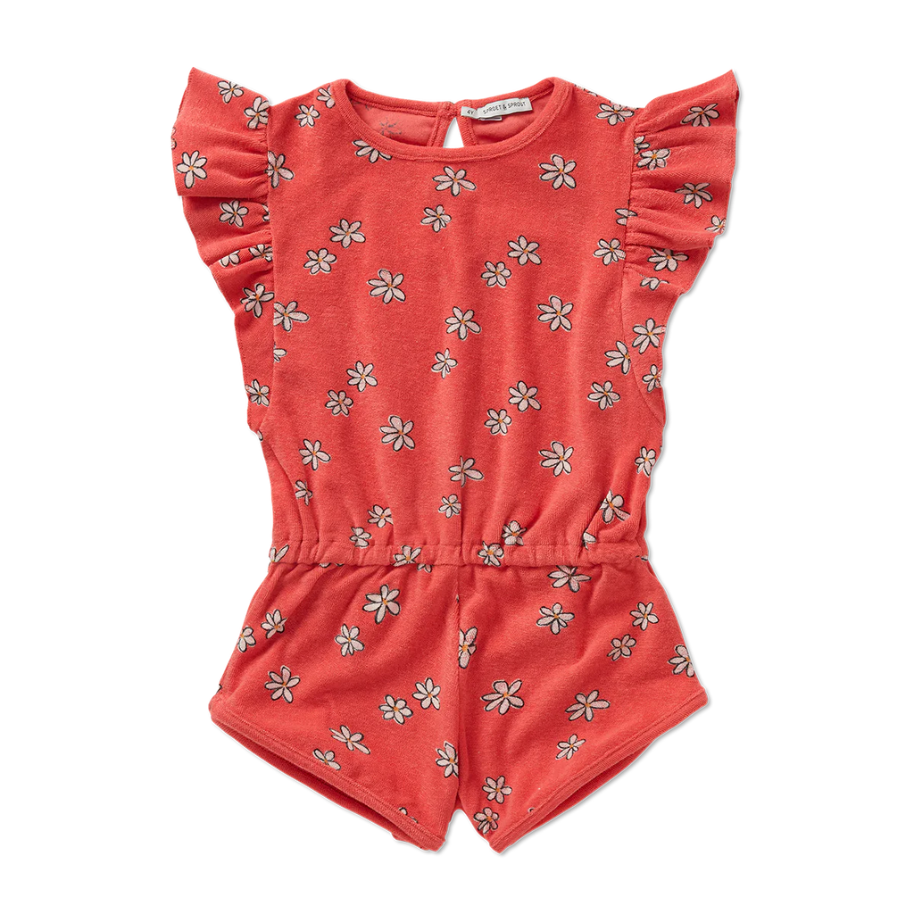 Freckle & Sprout Ruffle Terry Jumpsuit Daisies Print | Rose Petal