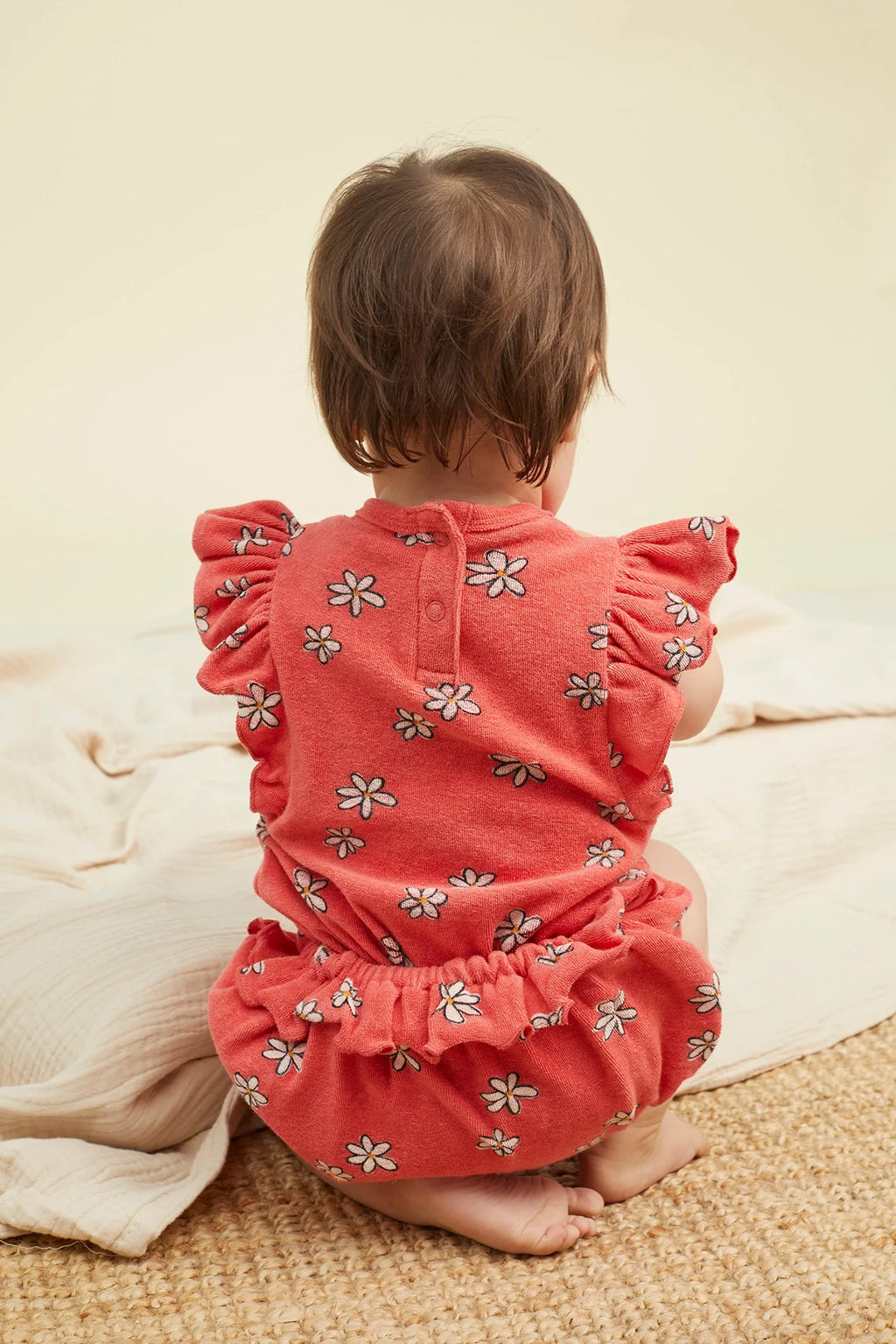 Freckle & Sprout Ruffle Terry Jumpsuit Daisies Print | Rose Petal