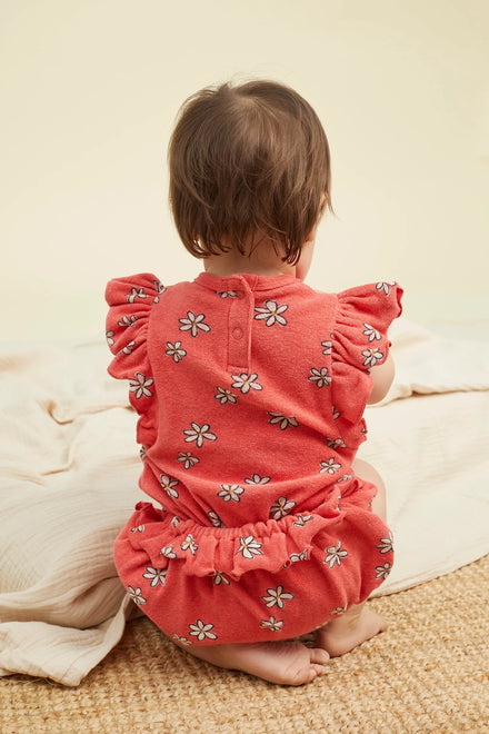 Freckle & Sprout Ruffle Terry Jumpsuit Daisies Print | Rose Petal