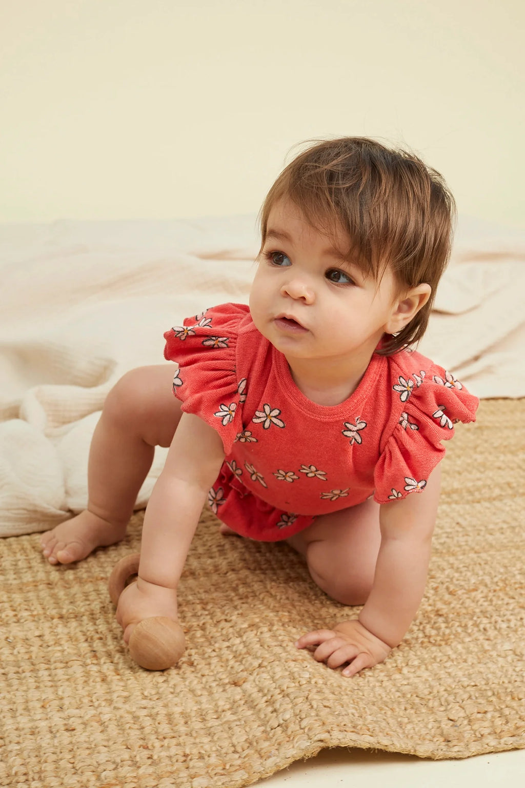 Freckle & Sprout Ruffle Terry Jumpsuit Daisies Print | Rose Petal