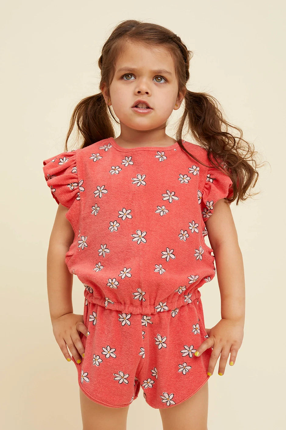 Freckle & Sprout Ruffle Terry Jumpsuit Daisies Print | Rose Petal