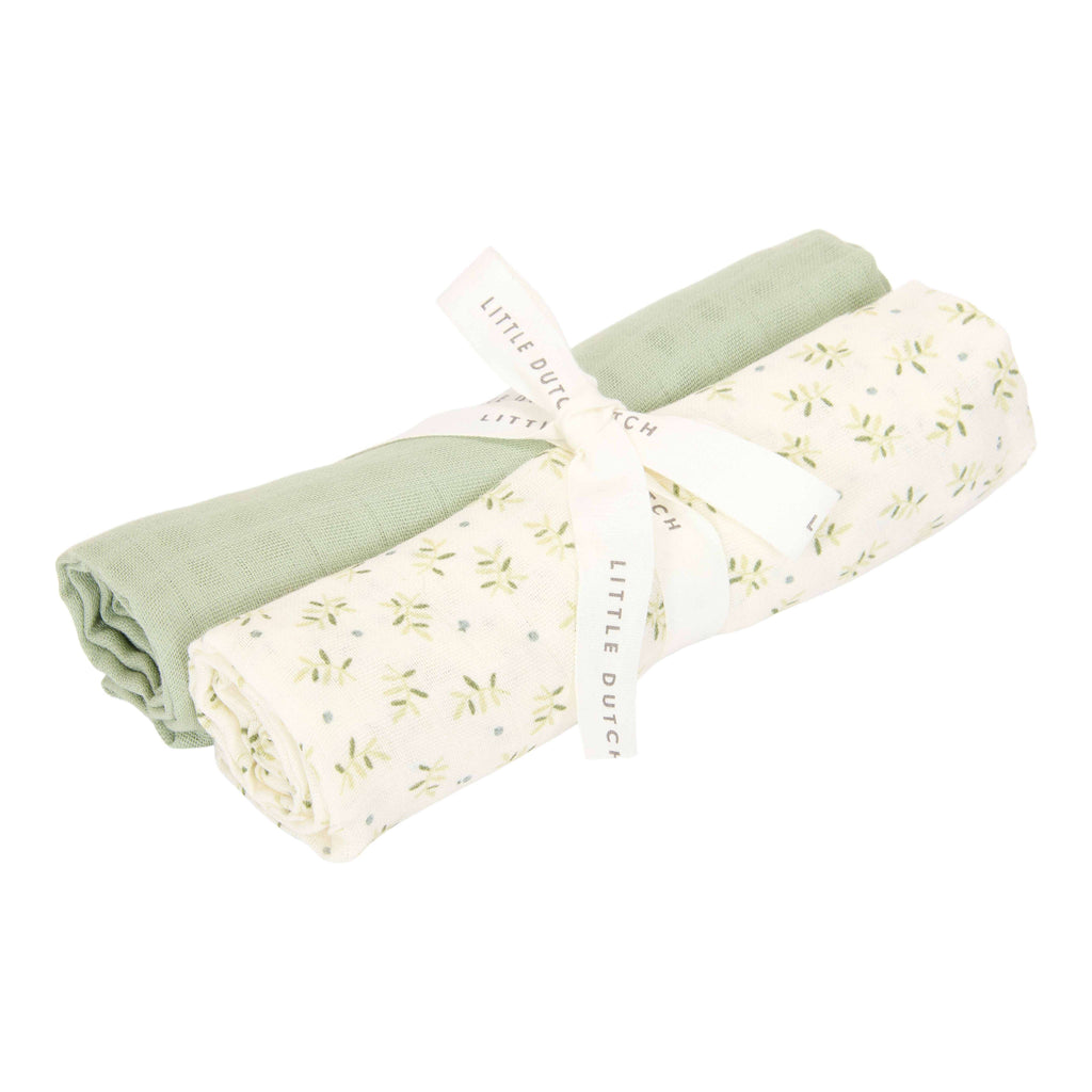 Little Dutch Swaddle Doeken Hydrofiel 70x70 Blueberry Leaves & Sage | Groen