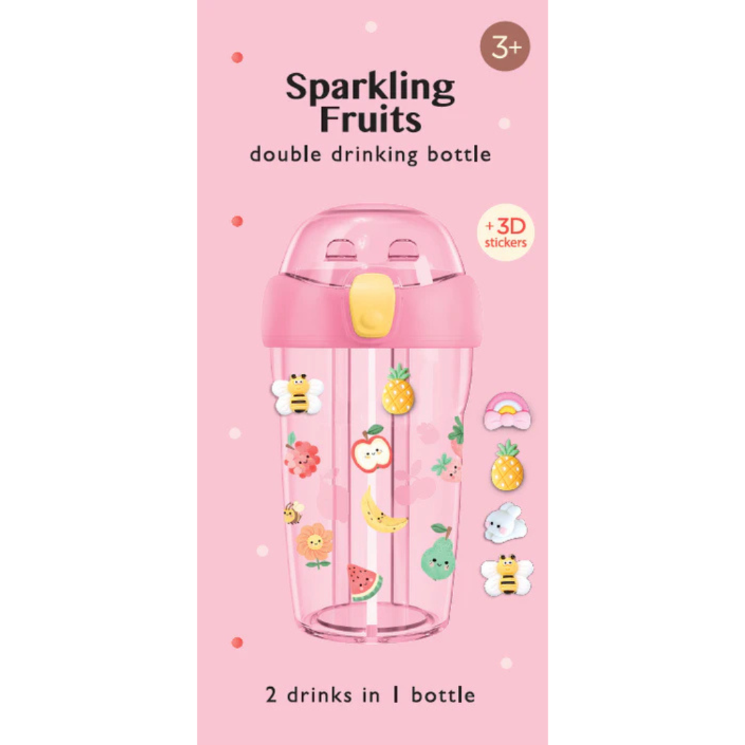 Petit Monkey Double Drinking Bottle 430ml + 3D Stickers | Sparkling Fruits