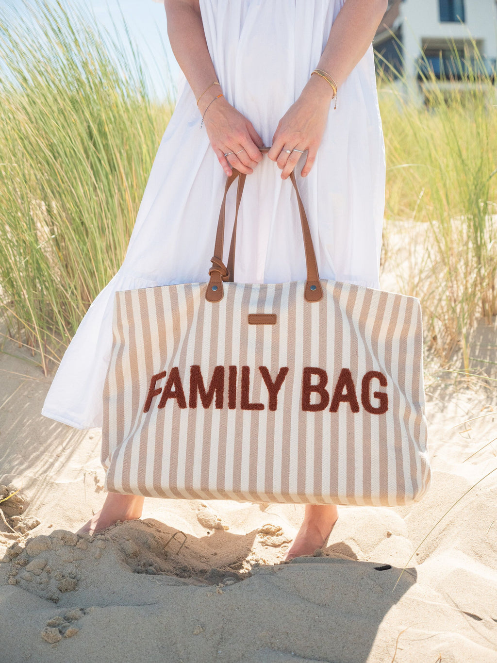 Childhome Weekendtas XL Family Bag | Stripes Nude / Terracotta