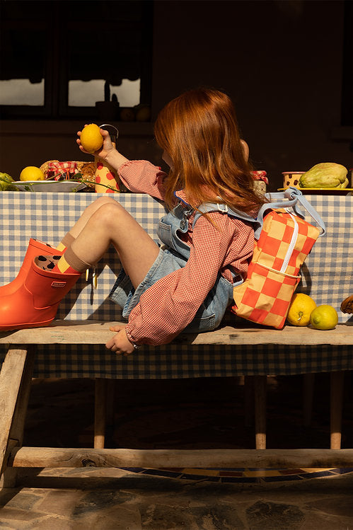 Sticky Lemon Backpack Small | Farmhouse Checkerboard Pear Jam + Ladybird Red