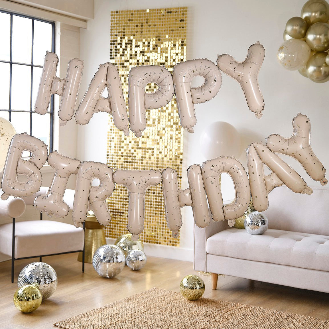 Ginger Ray Balloon Bunting - Happy Birthday Cream with Gold Fleck