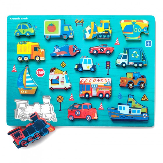 Crocodile Creek Wooden Inlay puzzle 26st + play set | Things That Go