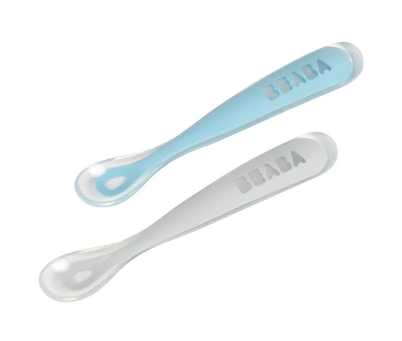 Béaba set 2 silicone spoons in Handy Box | Grey blue