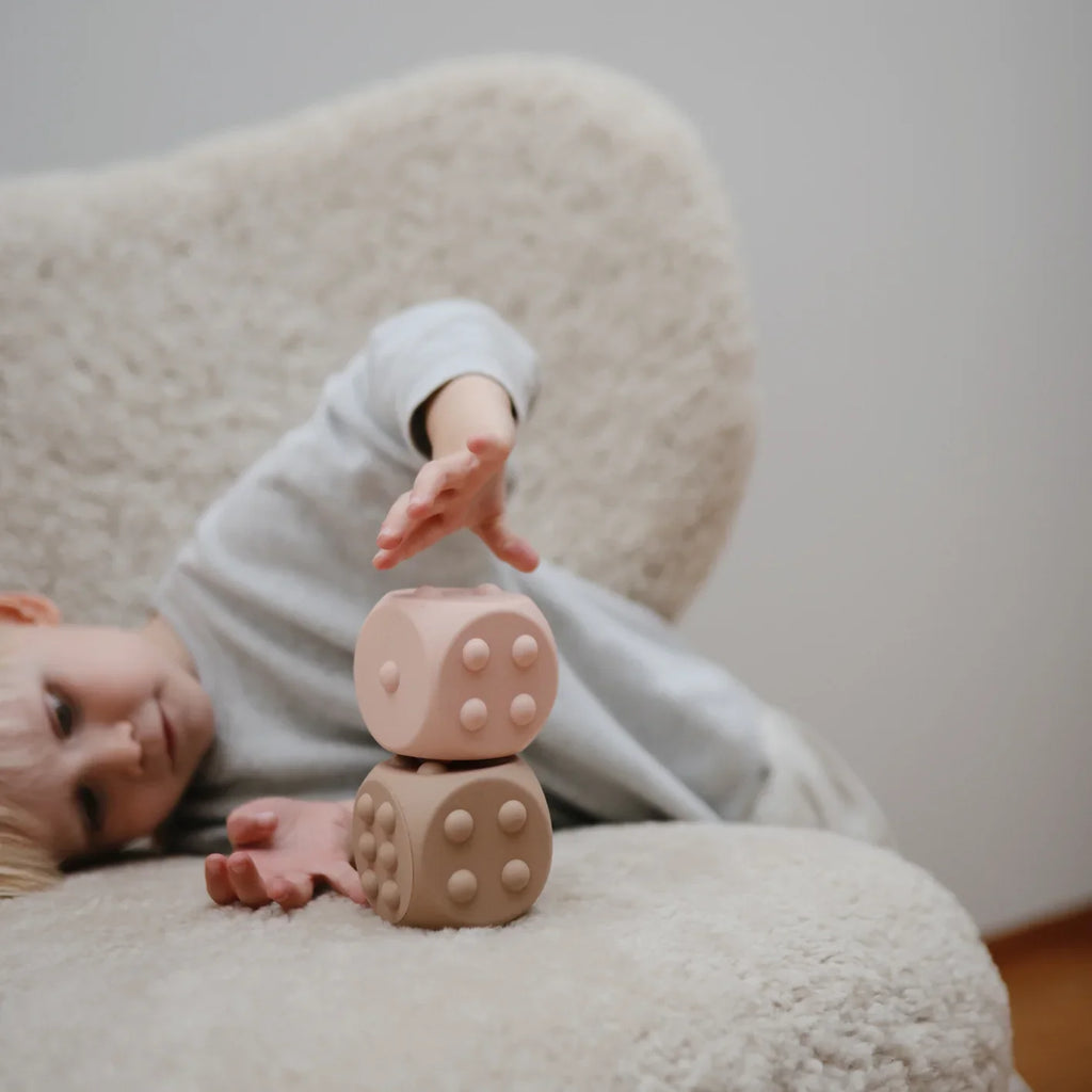 Mushie Teether Toy dice press toy | Thyme /Natural three