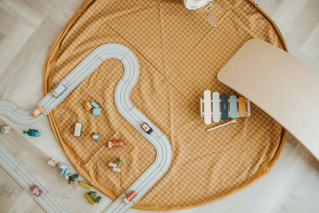 Play and Go Storage bag Organic | Play Mat Grid Mustard