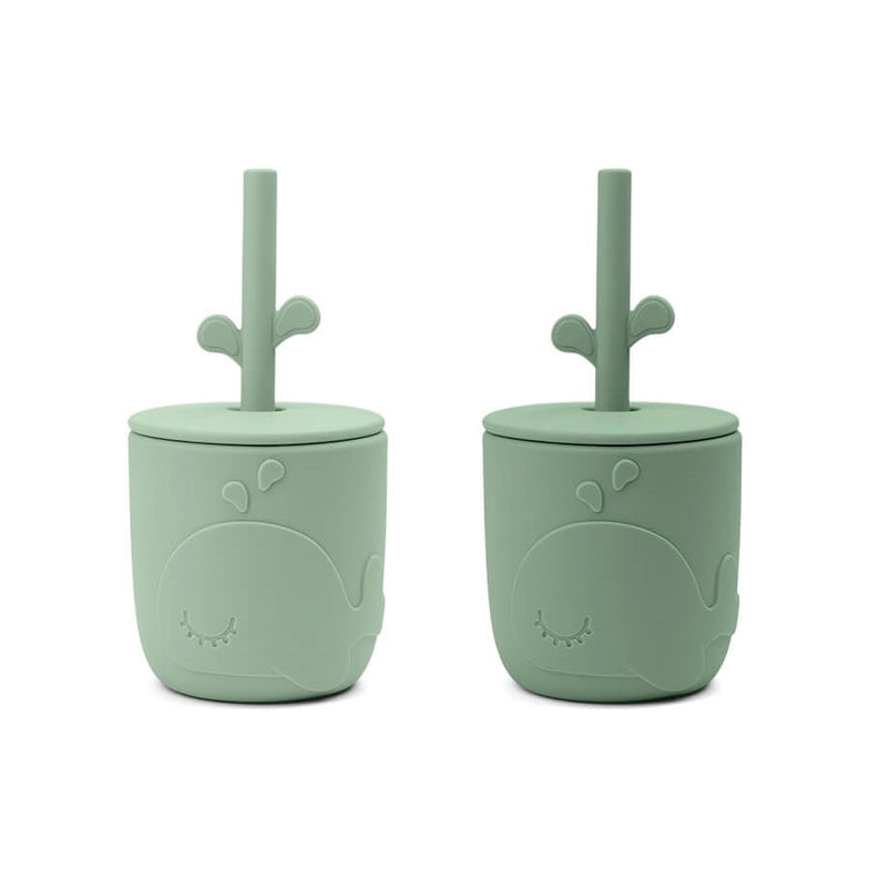 Done By Deer Silicone Drinking Cup With Straw 2-Pack Wally Green