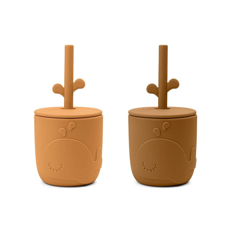 Done By Deer Silicone Drinking Cup With Straw 2-Pack Wally Mustard