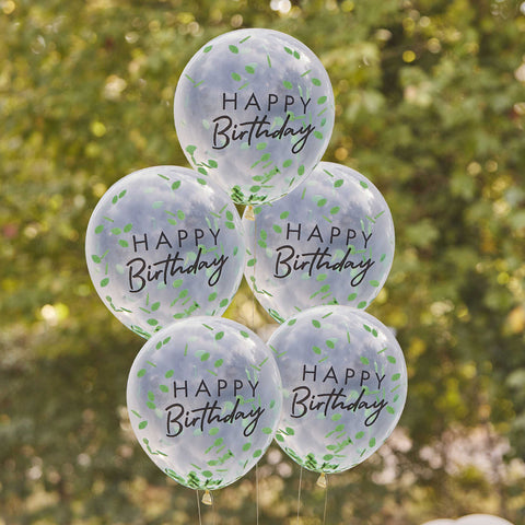 Ginger Ray Set 5 Balloons Happy Birthday | Green Leaf Confetti